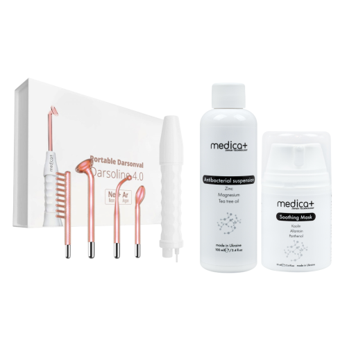 Набір Портативний дарсонваль DARSOLINE 4.0 + Суспензія Antibacterial suspension + Заспокійлива маска для обличчя Soothing Mask MEDICA+ (Japan)