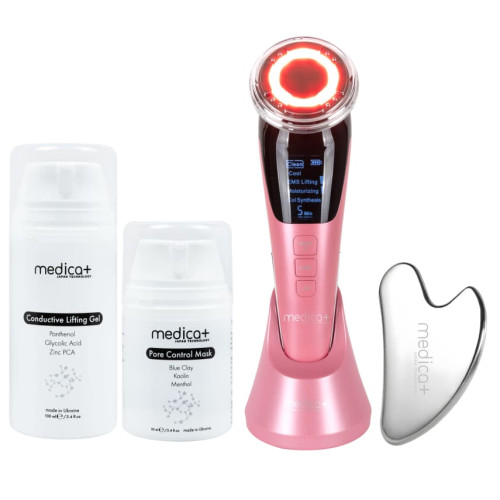 Набір Мікрострумовий RF Lifting Масажер для обличчя Skin Lifting 7.0 Pink + Струмопровідний гель + Порозвужувальна маска для обличчя MEDICA+ (Japan)
