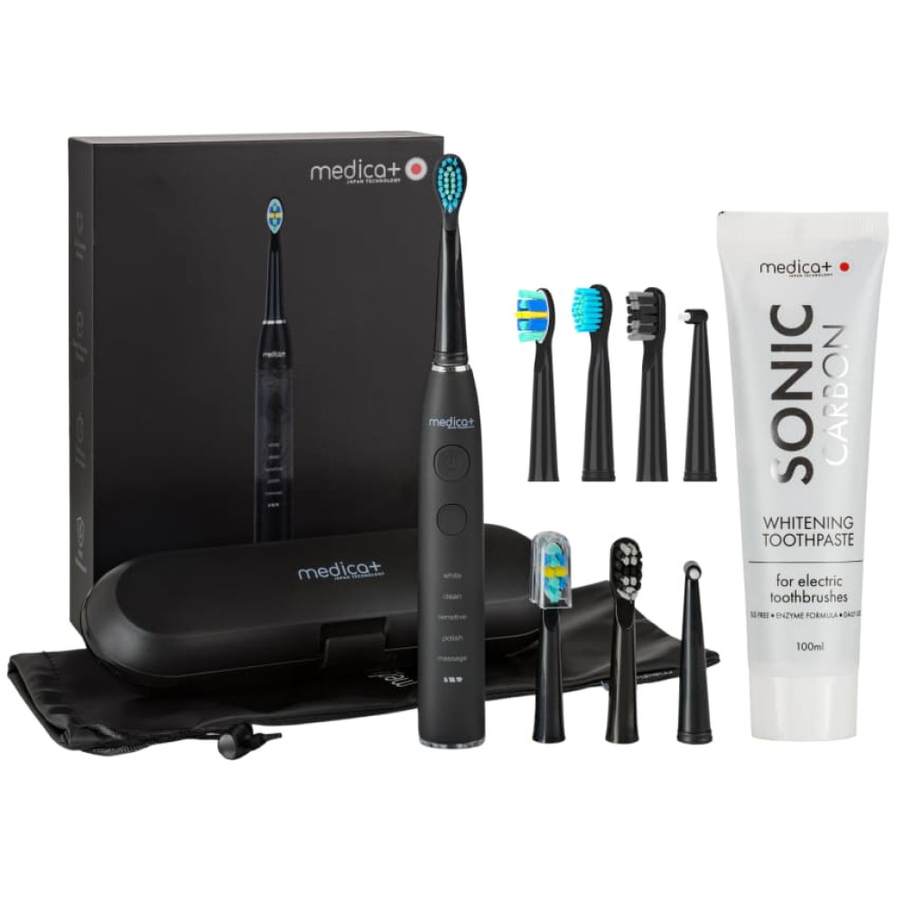 Ультразвуковая зубная щетка MEDICA+ PROBRUSH 8.0 Black + Насадки + Отбеливающая зубная паста MEDICA+ Sonic-Carbon